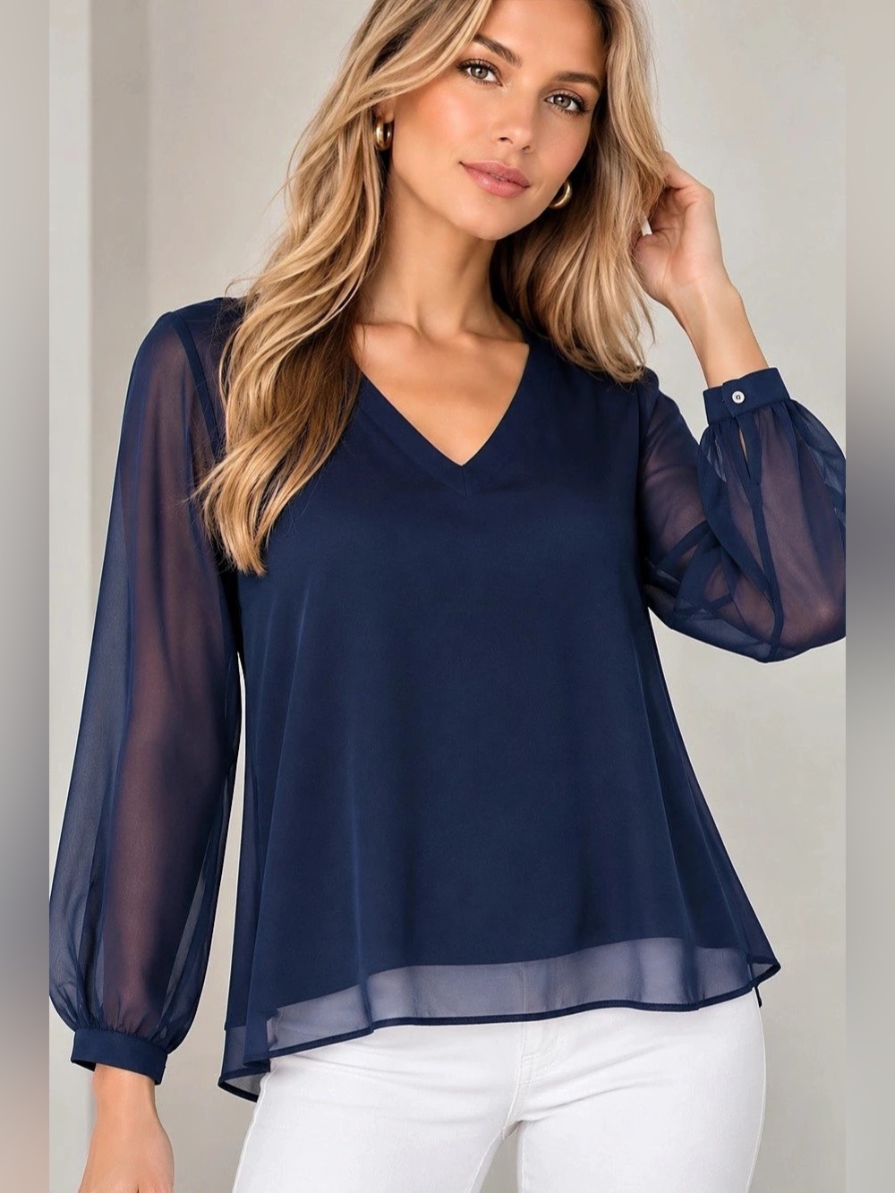 IPEKYOL Navy Blue Layered Chiffon V-Neck Long Sleeve Blouse US 6